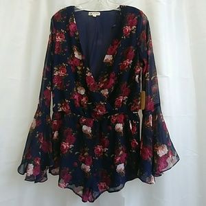 Cotton Candy Floral Print Romper w/Trumpet Sleeves